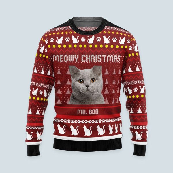 Personalized Meowy Christmas Ugly Sweatshirt, Custom Photo Ugly Sweater For Cat Lovers