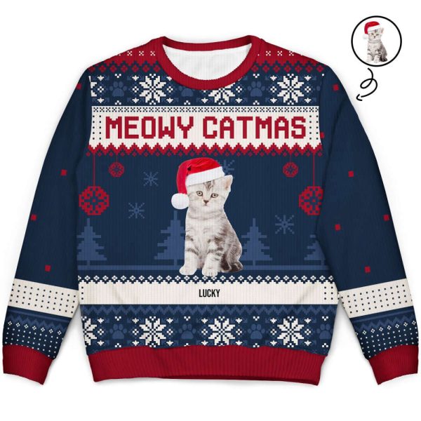 Personalized Mewy Catmas Ugly Sweatshirt, Custom Photo Ugly Sweater, For Cat Lover