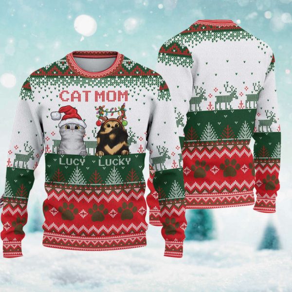 Personalized Cat Mom Cat Dad Ugly Christmas Sweater Wool Sweatshirt Gift For Cat Lovers