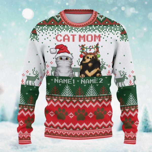 Personalized Cat Mom Cat Dad Ugly Christmas Sweater Wool Sweatshirt Gift For Cat Lovers