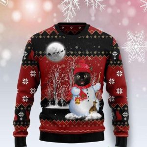 Black Cat Santa Snowman Ugly Christmas…