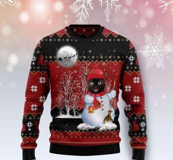 Black Cat Santa Snowman Ugly Christmas Sweater, Funny Xmas Gift For Christmas