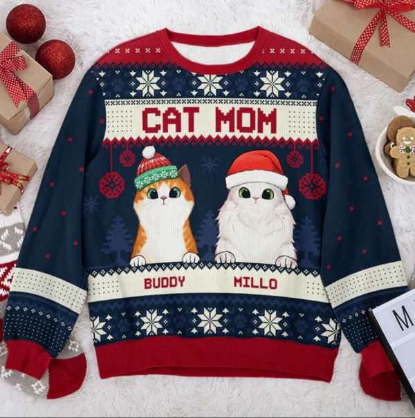 Custom Cat Mom Cat Dad Ugly Sweater, Personalized Cat Christmas Sweater, Gift For Cat Lovers