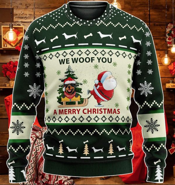 Green Red Rottweiler We Woof You A Merry Ugly Sweater, Best Gift For Christmas