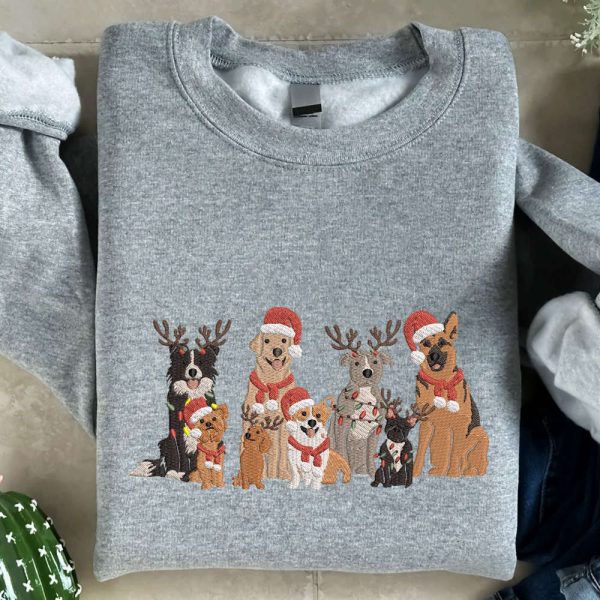 Embroidered Christmas Dog Sweatshirt, Family Dog Embroidered Sweatshirt For Christmas