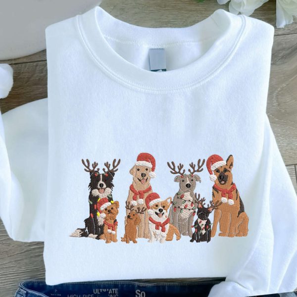 Embroidered Christmas Dog Sweatshirt, Family Dog Embroidered Sweatshirt For Christmas