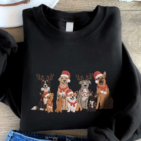 Embroidered Christmas Dog Sweatshirt, Family Dog Embroidered Sweatshirt For Christmas