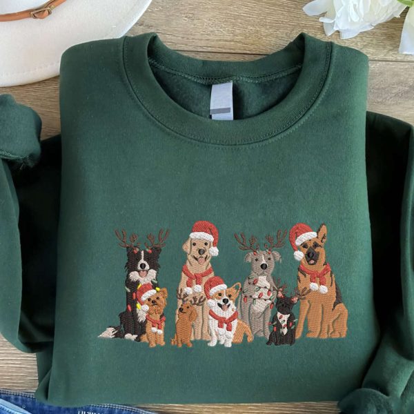 Embroidered Christmas Dog Sweatshirt, Family Dog Embroidered Sweatshirt For Christmas