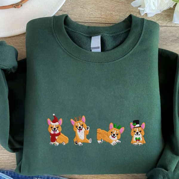 Christmas Corgi Embroidered Sweatshirt, Cute Dogs Embroidered Sweatshirt, Christmas Gift