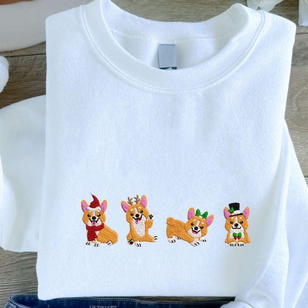 Christmas Corgi Embroidered Sweatshirt, Cute Dogs Embroidered Sweatshirt, Christmas Gift