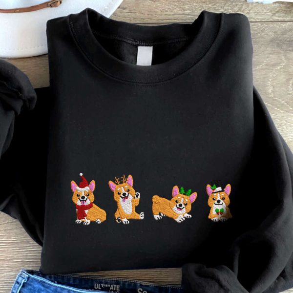 Christmas Corgi Embroidered Sweatshirt, Cute Dogs Embroidered Sweatshirt, Christmas Gift