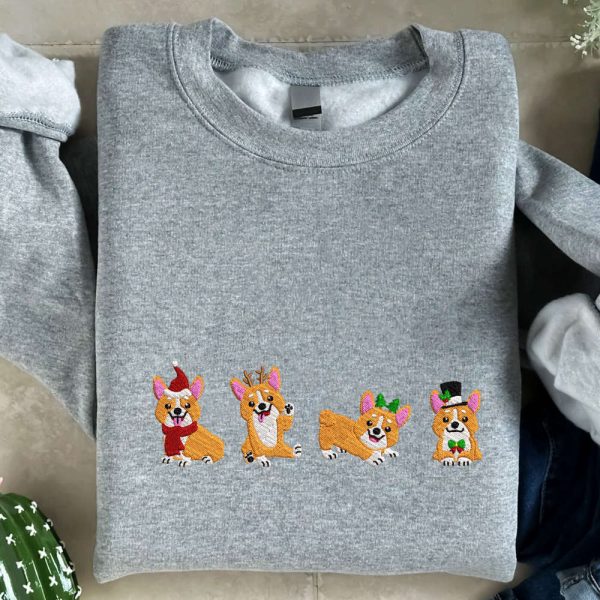 Christmas Corgi Embroidered Sweatshirt, Cute Dogs Embroidered Sweatshirt, Christmas Gift