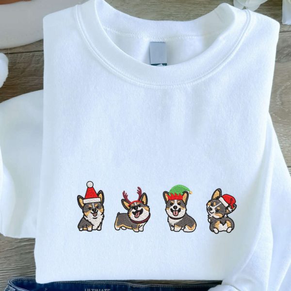 Christmas Corgi Embroidered Sweatshirt, Best Gift For Christmas 2023