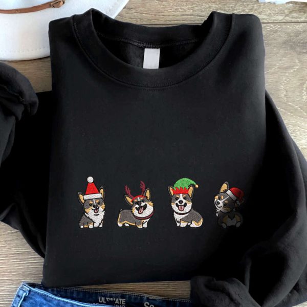 Christmas Corgi Embroidered Sweatshirt, Best Gift For Christmas 2023