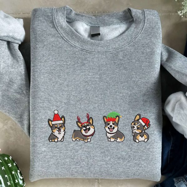 Christmas Corgi Embroidered Sweatshirt, Best Gift For Christmas 2023