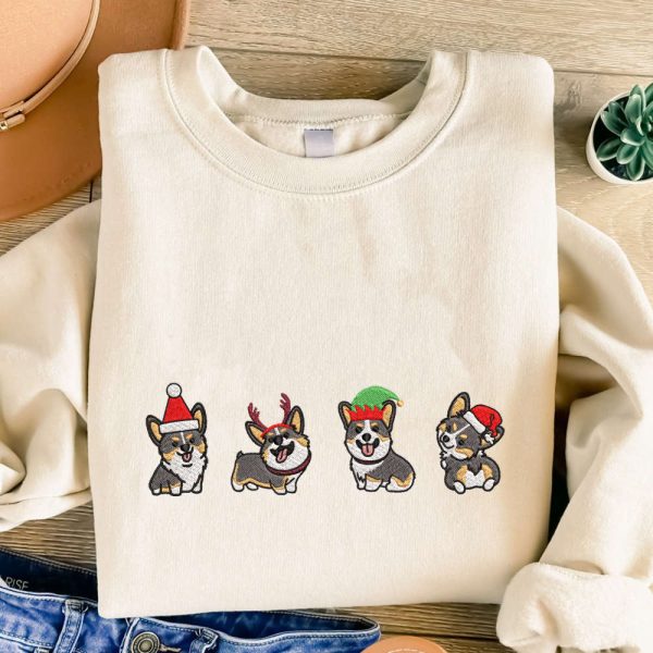 Christmas Corgi Embroidered Sweatshirt, Best Gift For Christmas 2023