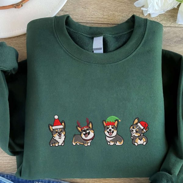 Christmas Corgi Embroidered Sweatshirt, Best Gift For Christmas 2023