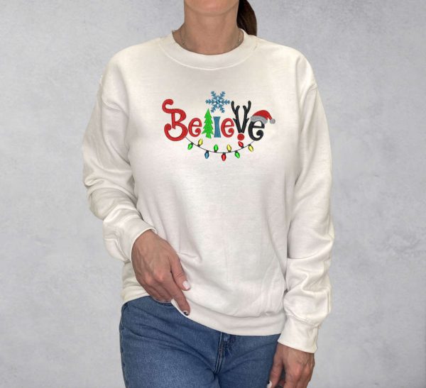 Believe Christmas Sweatshirt, Embroidered Believe Sweatshirt For Family