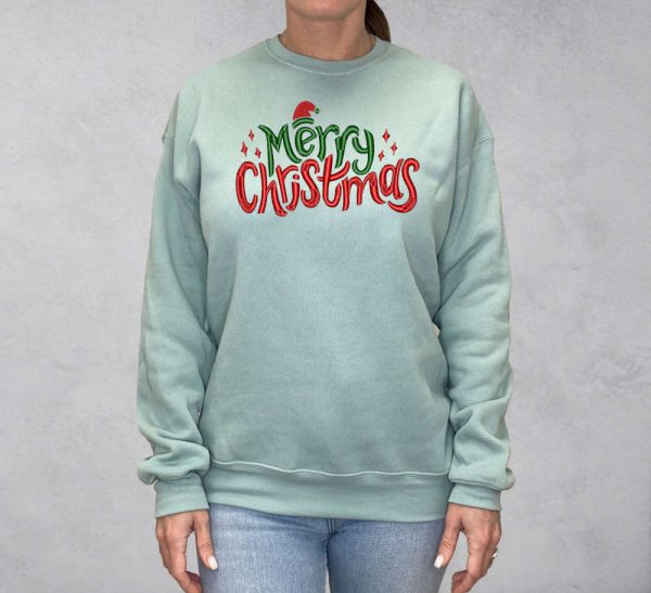 Embroidered Merry Christmas Sweatshirt, Happy Christmas Sweatshirt For Family