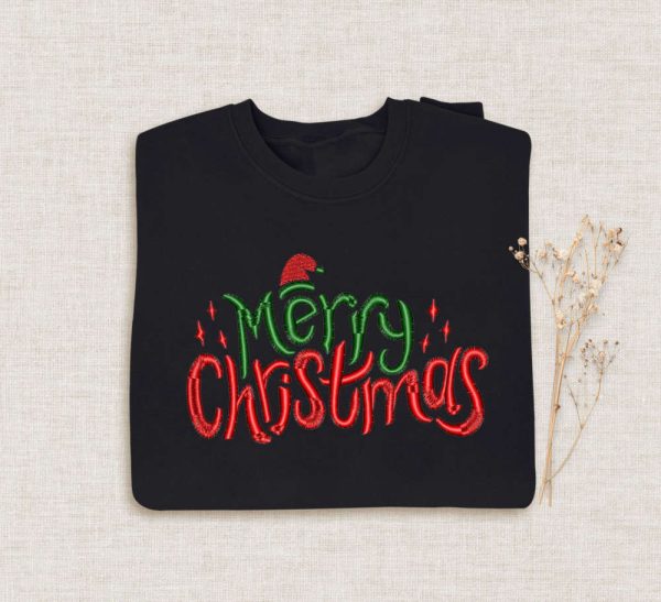 Embroidered Merry Christmas Sweatshirt, Happy Christmas Sweatshirt For Family