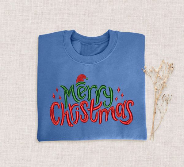 Embroidered Merry Christmas Sweatshirt, Happy Christmas Sweatshirt For Family