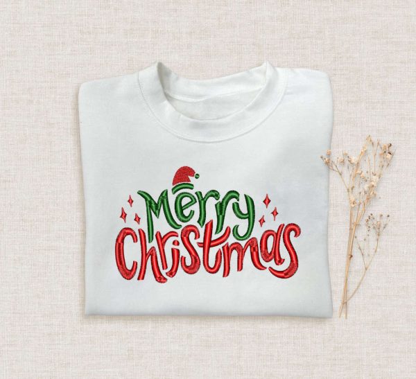 Embroidered Merry Christmas Sweatshirt, Happy Christmas Sweatshirt For Family