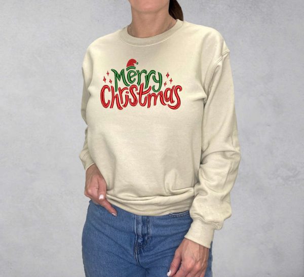 Embroidered Merry Christmas Sweatshirt, Happy Christmas Sweatshirt For Family