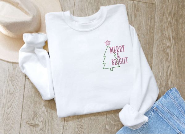 Embroidered Merry & Bright Crewneck, Embroidered Christmas Sweatshirt For Family