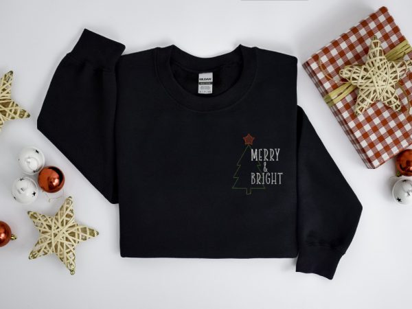 Embroidered Merry & Bright Crewneck, Embroidered Christmas Sweatshirt For Family