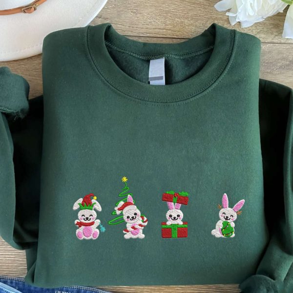 Christmas Rabbit Embroidered Sweatshirt, Best Gift For Men And Women