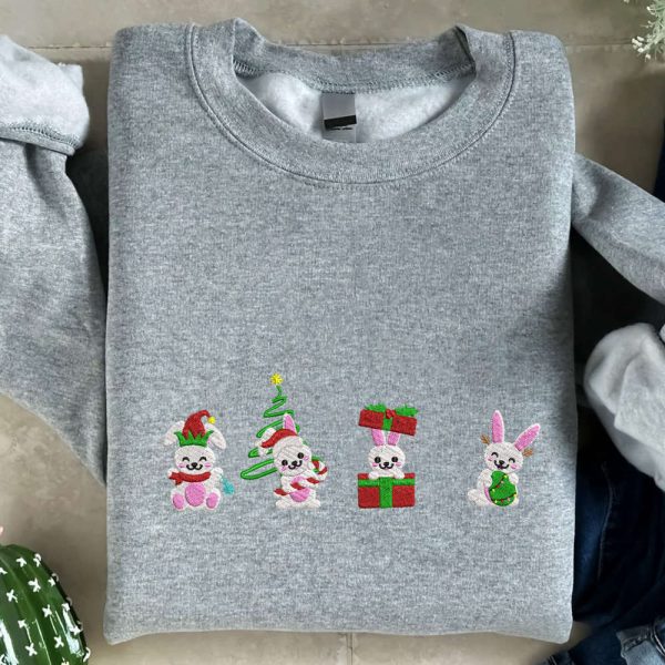 Christmas Rabbit Embroidered Sweatshirt, Best Gift For Men And Women