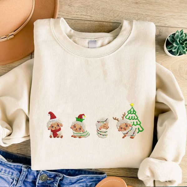 Embroidered Christmas Sheep Sweatshirt, Cute Sheep Embroidered Sweatshirt For Family