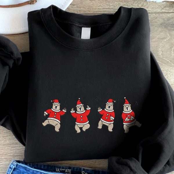 Dancing Bear Embroidered Sweatshirt, Christmas Bear Embroidered Sweatshirt For Christmas