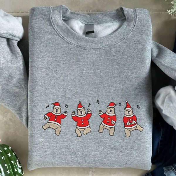 Dancing Bear Embroidered Sweatshirt, Christmas Bear Embroidered Sweatshirt For Christmas