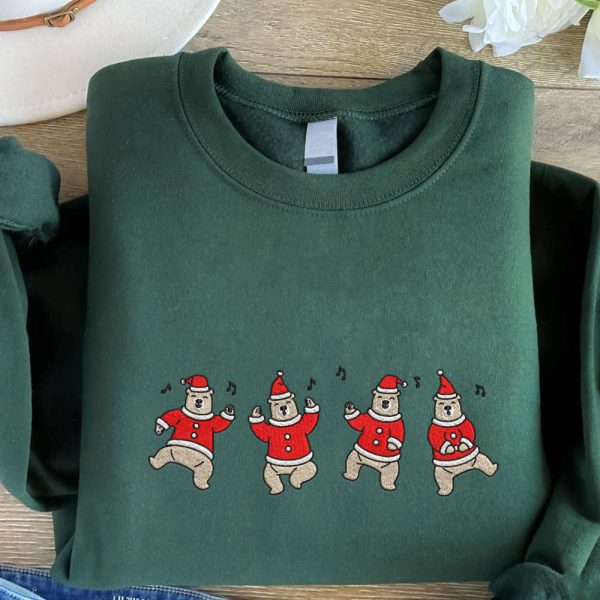 Dancing Bear Embroidered Sweatshirt, Christmas Bear Embroidered Sweatshirt For Christmas