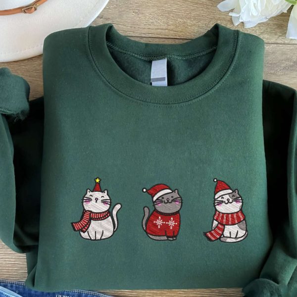 Meowy Christmas Embroidered Sweatshirt, Cute Cats Embroidered Sweatshirt For Christmas