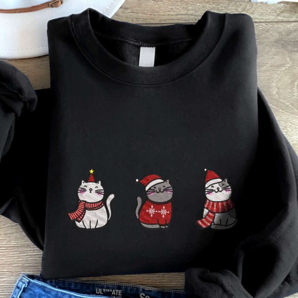 Meowy Christmas Embroidered Sweatshirt, Cute Cats Embroidered Sweatshirt For Christmas