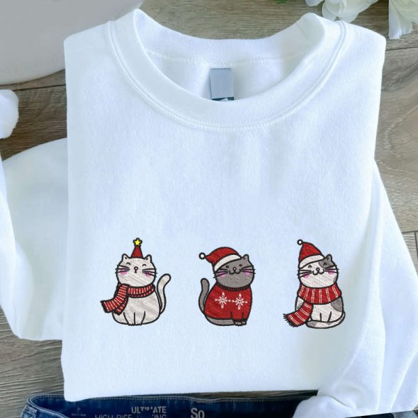 Meowy Christmas Embroidered Sweatshirt, Cute Cats Embroidered Sweatshirt For Christmas