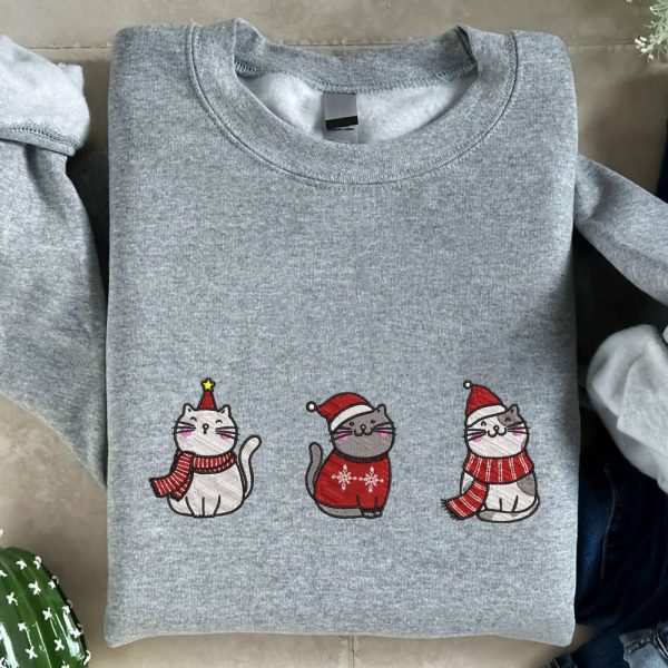 Meowy Christmas Embroidered Sweatshirt, Cute Cats Embroidered Sweatshirt For Christmas