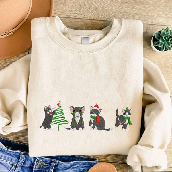 Cute Cats Christmas Embroidered Sweatshirt, Sweatshirt For Cat Lover