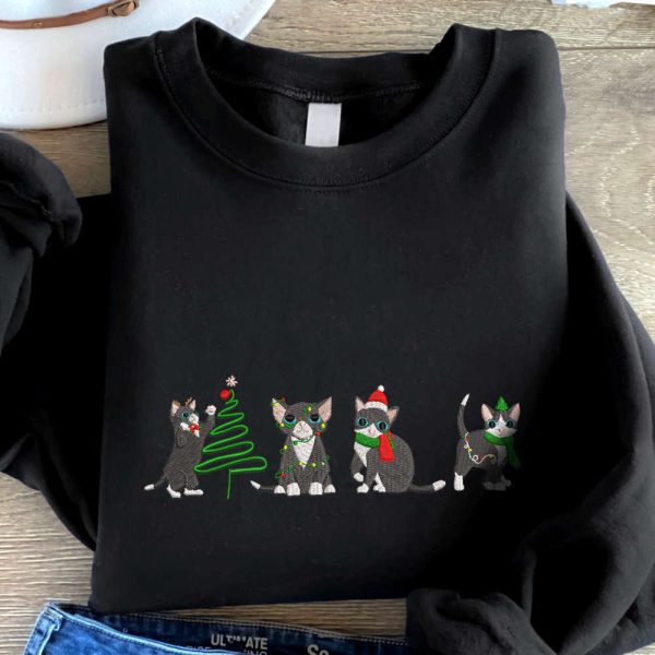 Cute Cats Christmas Embroidered Sweatshirt, Sweatshirt For Cat Lover