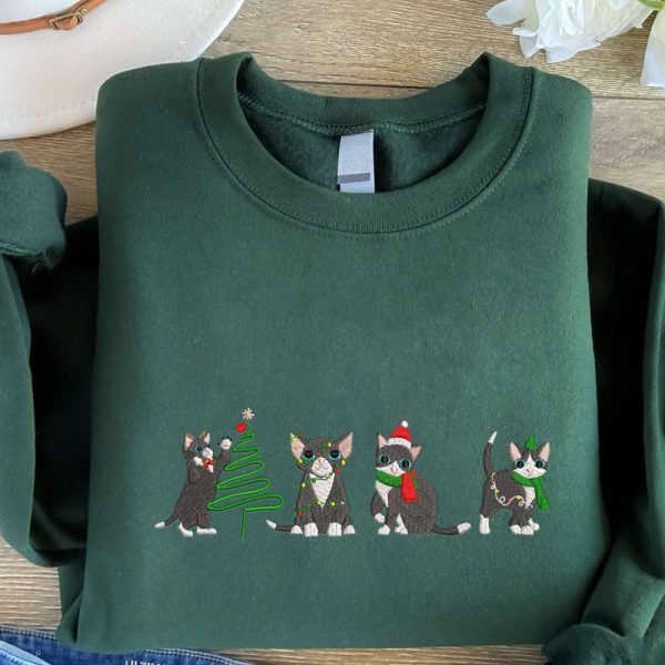 Cute Cats Christmas Embroidered Sweatshirt, Sweatshirt For Cat Lover