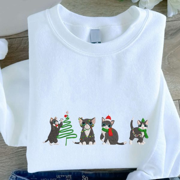 Cute Cats Christmas Embroidered Sweatshirt, Sweatshirt For Cat Lover