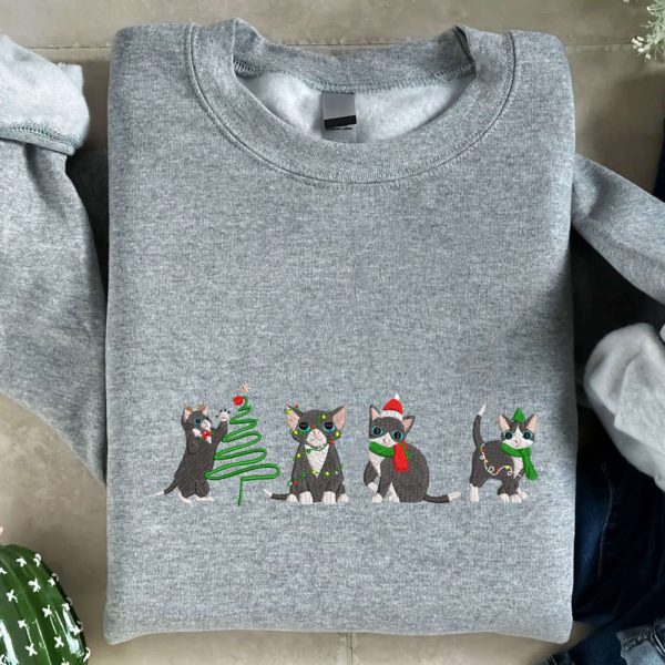 Cute Cats Christmas Embroidered Sweatshirt, Sweatshirt For Cat Lover