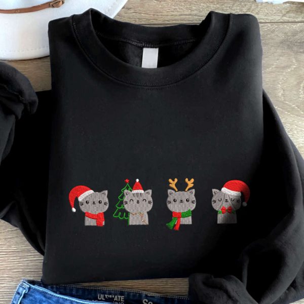 Cute Cats Christmas Embroidered Sweatshirt, Cat Love Embroidered Sweatshirt For Family