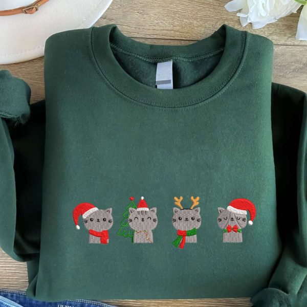 Cute Cats Christmas Embroidered Sweatshirt, Cat Love Embroidered Sweatshirt For Family