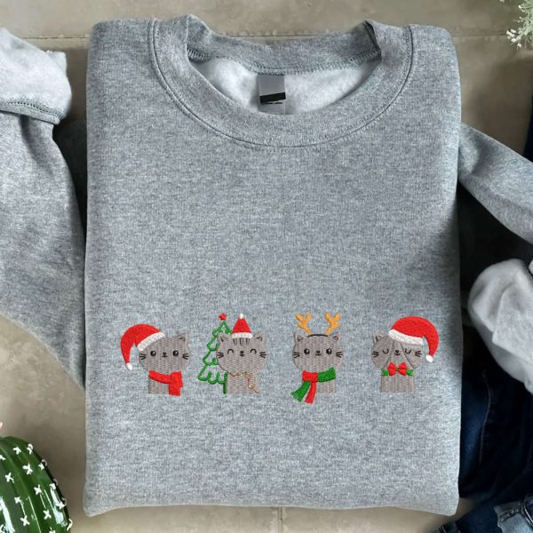 Cute Cats Christmas Embroidered Sweatshirt, Cat Love Embroidered Sweatshirt For Family