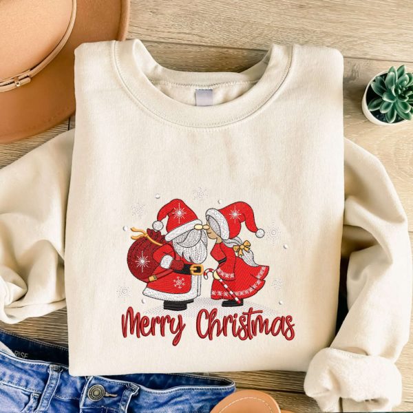 Christmas Gnomes Embroidered Sweatshirt, Christmas Embroidered Sweatshirt For Family