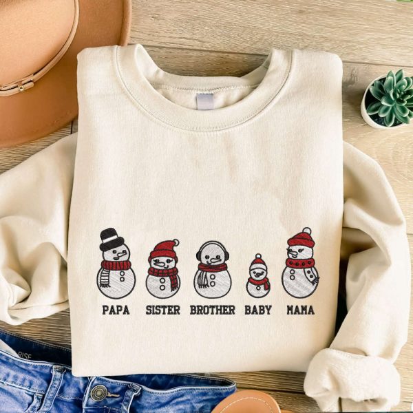 Snowman Christmas Embroidered Sweatshirt, Personalized Embroidered Sweatshirt For Family