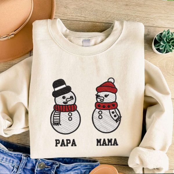 Snowman Christmas Embroidered Sweatshirt, Personalized Embroidered Sweatshirt For Family